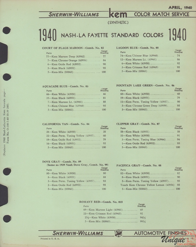 1940 Nash Paint Charts Williams 3